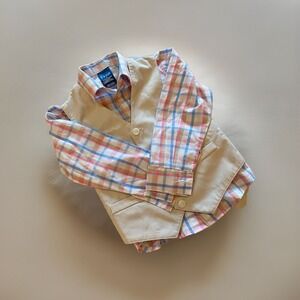 Izod‎ Boys Button Up Shirt & Vest Blue Pink White Tan Size 4 Spring Easter